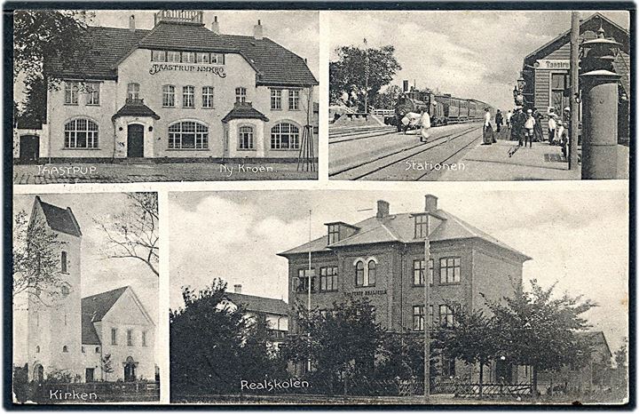 Taastrup, jernbanestation, Ny kroen, Kirke og Realskole. H. Schmidt no. 27095. Kvalitet 7