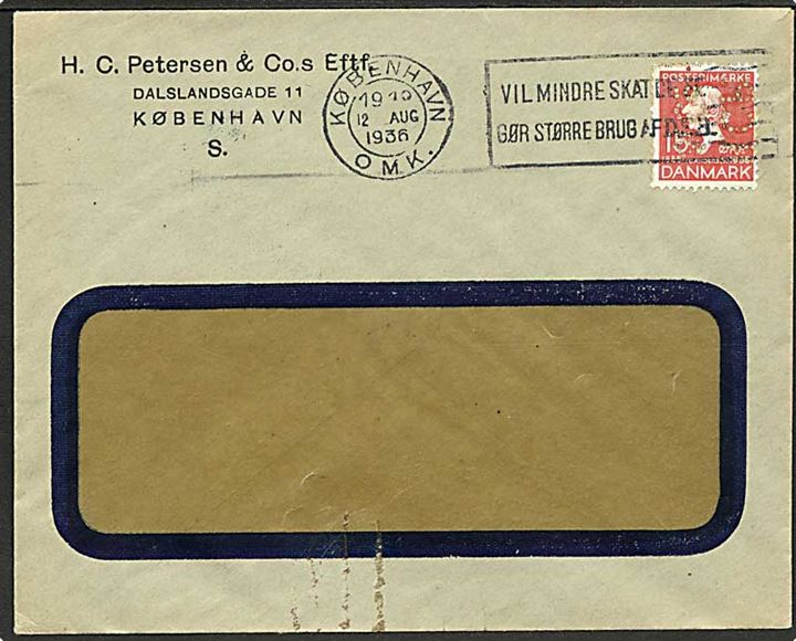 15 øre rød H.C. Andersen på brev fra  København d. 12.8.1936. Mærket med perfin H.24 - H.C. Petersen & Co.