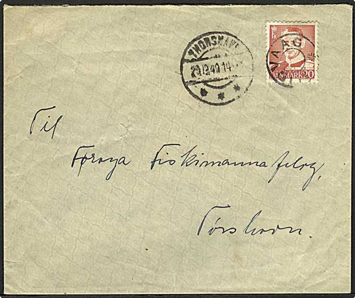 20 øre Fr. IX på brev annulleret med udslebet stjernestempel MIDVAAG og sidestemplet Thorshavn d. 20.12.1949 til Thorshavn.