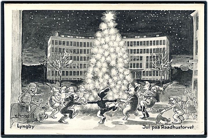 Lyngby, “Nisser i Gadebilledet”, Jul på Rådhustorvet tegnet af V. Hancke. Stenders no. 79859. Kvalitet 8