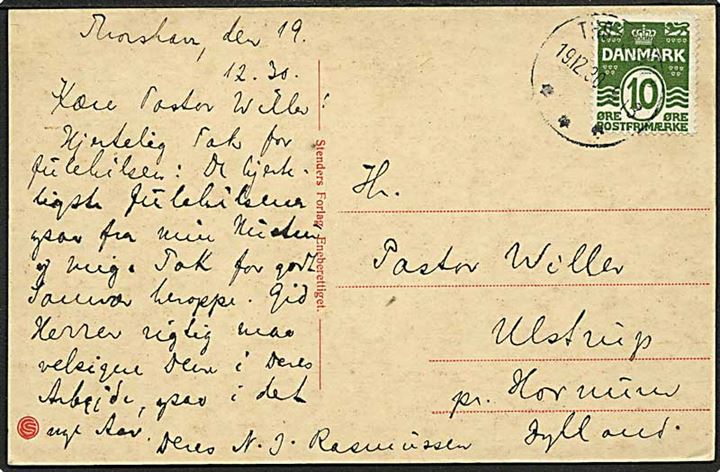 10 øre Bølgelinie på brevkort annulleret med brotype IIIc stempel Thorshavn d. 19.12.1930 til Ulstrup pr. Hornum.