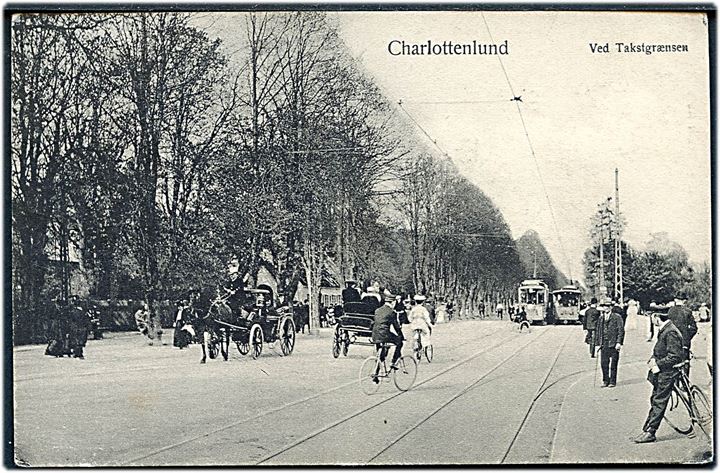 Charlottenlund, ved Takstgrænsen med sporvogne i baggrunden. Budtz Müller & Co. no. 621. Kvalitet 7