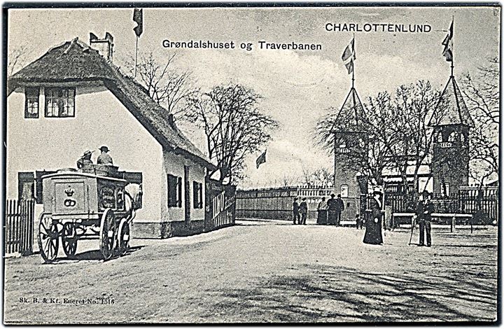 Charlottenlund, Grøndalhuset og Travbanen med brødvogn. Sk. B. & Kf. no. 1516. Kvalitet 8