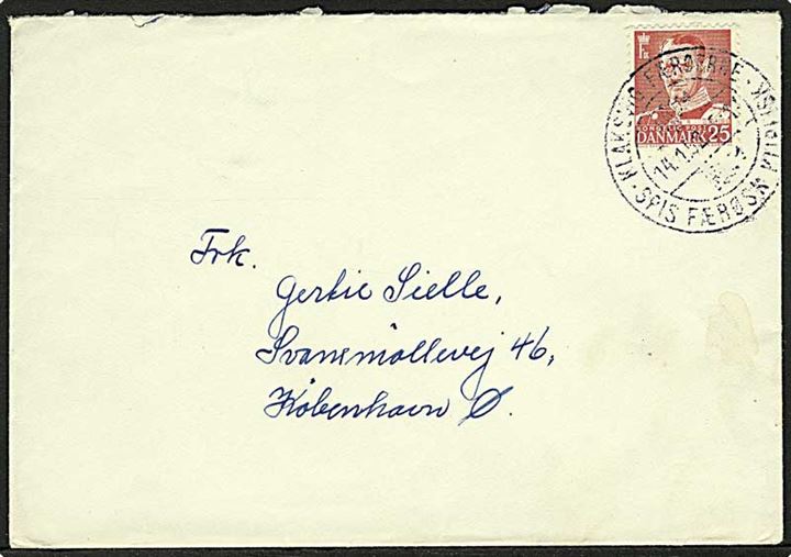 25 øre Fr. IX på brev annulleret med klipfiskstempel Klaksvig Færøerne d. 14.1.1952 til København.