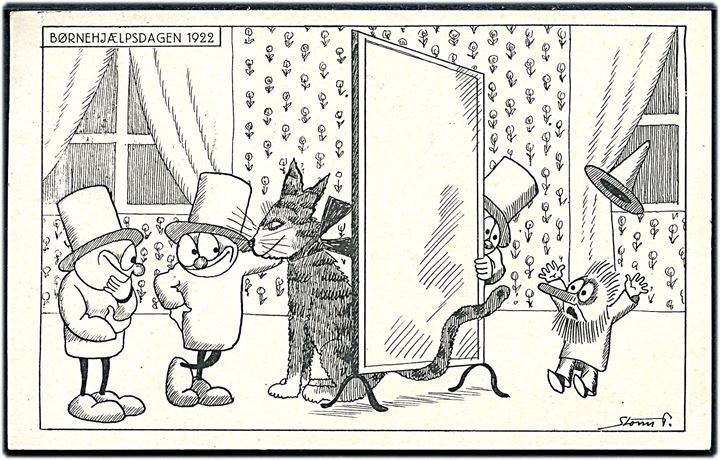 Robert Storm Petersen: De 3 små mænd og nummermanden med kat. Børnehjælpsdagen 1922. Kruckow-Waldorff u/no. Kvalitet 8