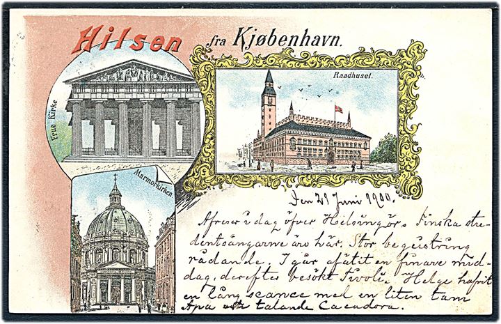 Raadhuset, “Hilsen fra Kjøbenhavn” med Frue Kirke og Marmorkirken. U/no. Skibsstempel “Från Danmark”. Kvalitet 8