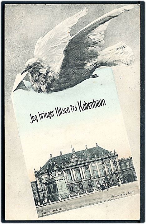 Amalienborg, “Jeg bringer en Hilsen” med due. A. Vincent no. 4027. Kvalitet 8