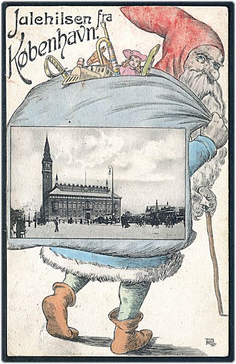 Raadhuset, “Julehilsen” med nisse og sæk. Tegnet af Carl Røgind. Stenders no. 6831. Kvalitet 7
