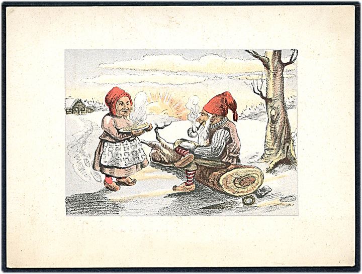 Nissefar og Nissemor. Tegnet af Joe Raphael. Kartonkort med fortrykt jule- og nytårshilsen fra Chr. Andersen. U/no. Kvalitet 8