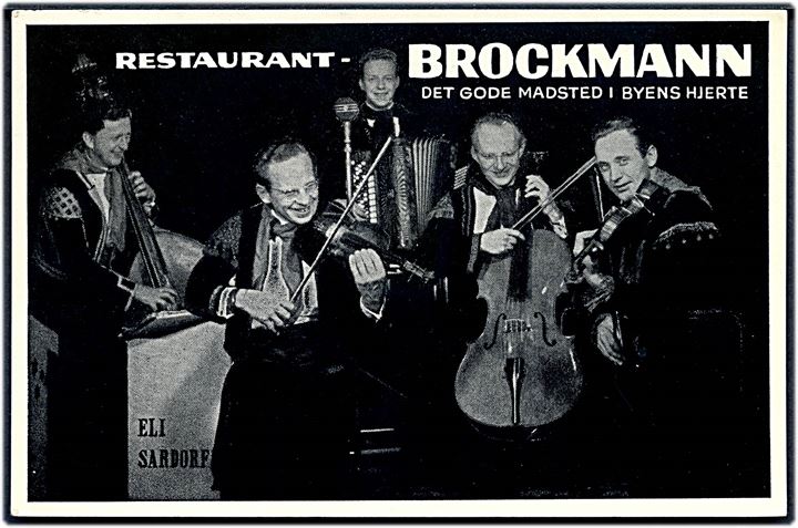 Odense, Restaurant “Brockmann”. Reklamekort med Eli Sardorffs zigeunerorkester. Andersen & Blæsbjerg u/no. Kvalitet 8