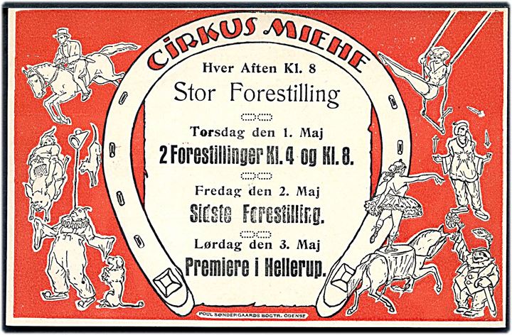 Artister. Cirkus Miehe. Reklame for forestilling i Hellerup. P. Søndergaard u/no. Kvalitet 8