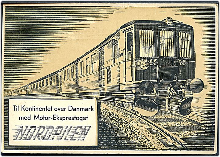 “Nordpilen”, Til Kontinentet over Danmark med Motor-Eksprestoget. Tegnet af Viggo Eriksen. DSB no. 5/1939. Kvalitet 7