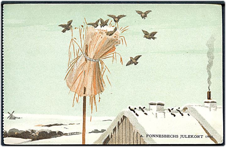 A. Fonnesbechs Julekort 1908 med fugleneg. Reklamekort. Ukendt kunstner. Hertz u/no. Kvalitet 7