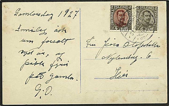 4 aur og 6 aur Chr. X på lokalt brevkort i Reykjavik d. 31.12.1927.