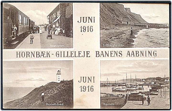 Hornbæk-Gilleleje Banens åbning juni 1916 med prospekter fra bl.a. stationen. E. Jespersen no. 41254. Kvalitet 9
