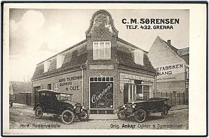 Grenaa, C. M. Sørensen Ford reservedele og auto tilbehør med to automobiler. Stenders no. 58331. Kvalitet 9