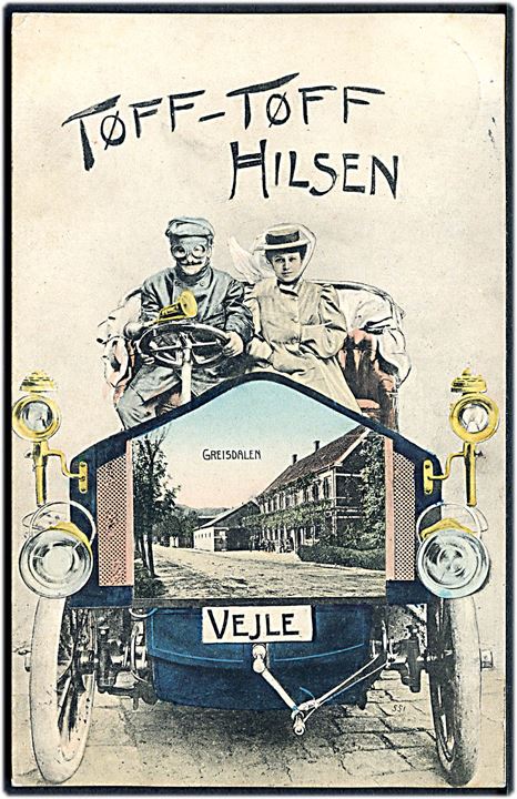 Greisdalen, “Tøff-Tøff Hilsen” med automobil og prospekt af Greisdalen Hotel. A. Vincent u/no. Kvalitet 8