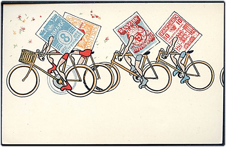 Postparade med cyklister og frimærker. U/no. Kvalitet 9
