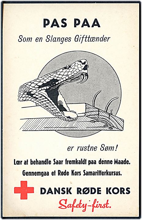 Dansk Røde Kors. Samaritterkursus: Pas Paa - Som en Slanges Gifttænder er rustne Søm! U/no. Kvalitet 8