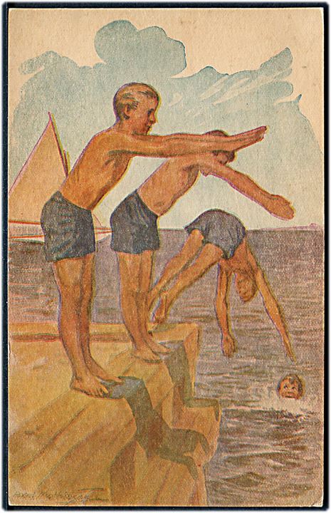 FDF bader. Tegnet af Axel Mathiesen. F.D.F. Postkort no. 7. Kvalitet 9