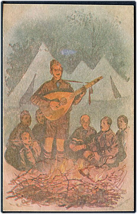 FDF sang ved bålet. Tegnet af Axel Mathiesen. F.D.F. Postkort no. 9. Kvalitet 9