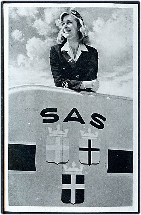 SAS reklamekort med stewardesse. Lufthavns-Kiosken no. 5571. Kvalitet 9