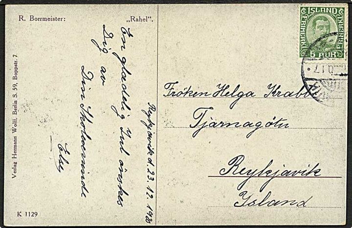 5 aur Chr. X på lokalt brevkort i Reykjavik d. 23.12.1920.