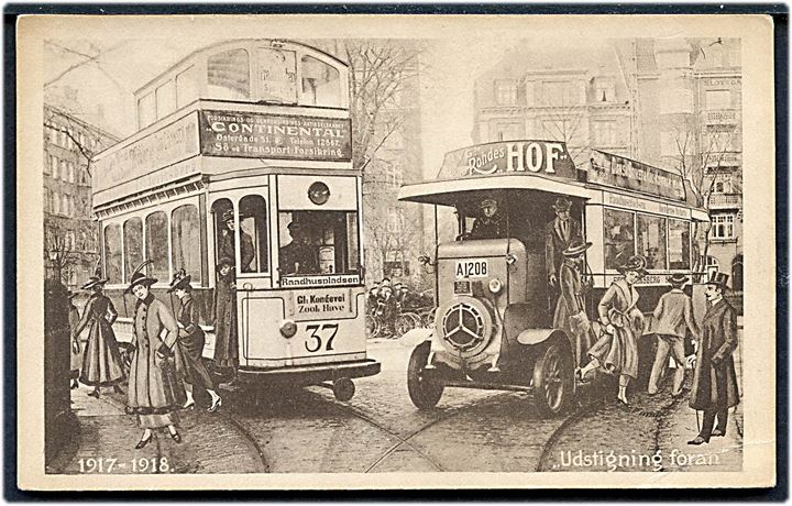 “Udstigning foran” 1917-1918 med sporvogn no. 37 og omnibus no. “A1208” fra Frederiksberg Sporveje. U/no. Kvalitet 8