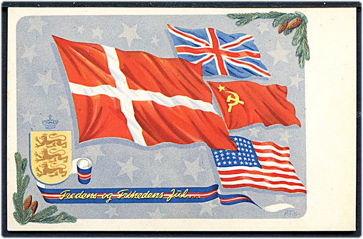 “Fredens og Frihedens Jul” med Dannebrog og allierede flag. Tegnet af Erik Pålsson. A. Vincent no. 4507B. Kvalitet 9