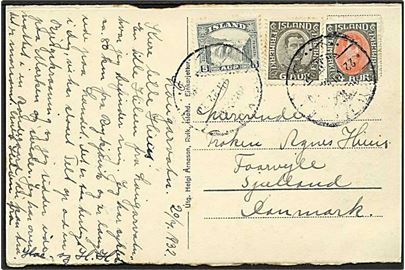 4 aur, 6 aur Chr. X og 5 aur Gullfoss på brevkort fra Reykjavik d. 20.7.1932 til Faarevejle, Danmark.