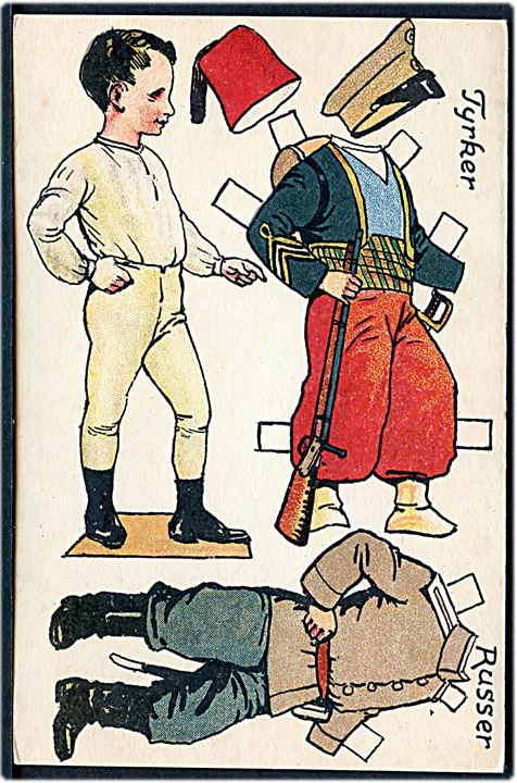 Osvald Jensen: Påklædningsdukke, russisk og tyrkisk soldat. A. Vincent serie 398/1. Kvalitet 8