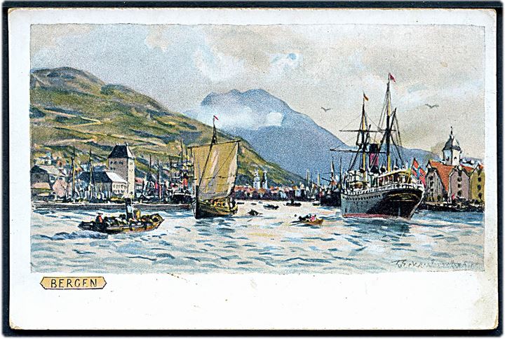 Norge, Bergen, indsejling med dampskib. Tegnet af Themistokles von Eckenbrecher. V. Jöntzen u/no. Kvalitet 7