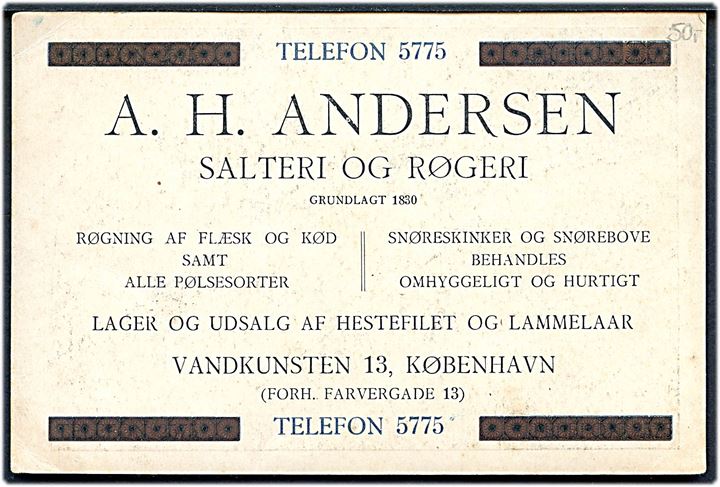 Vandkunsten 13 (tidligerer Farvergade 13). A. H. Andersens Salteri og Røgeri. Reklamekort u/no. Kvalitet 7
