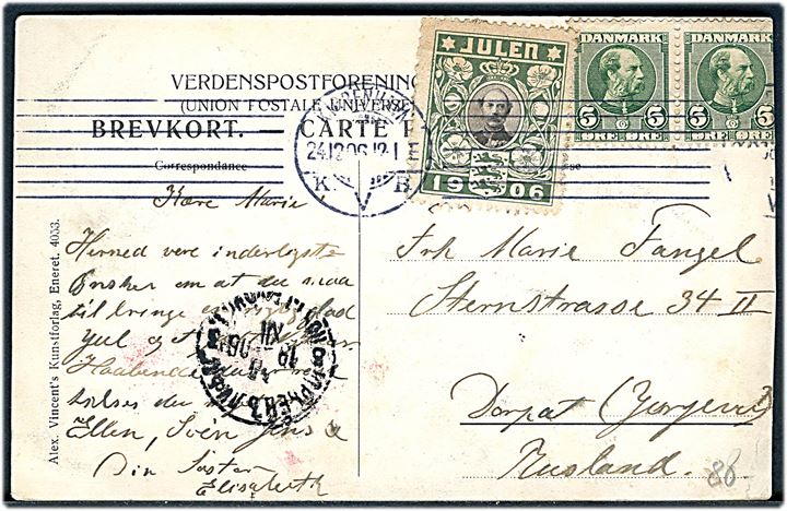 Raadhuset, “Postanvisning” med postbud. A. Vincent no. 4053. Med julemærke 1906 til Rusland. Kvalitet 7
