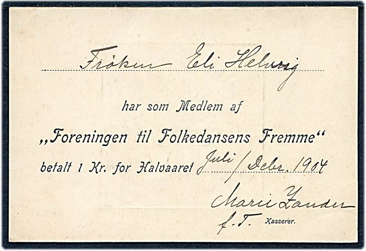 Folkedans. Illustreret medlemskort til Foreningen til Folkedansens Fremme 1904. U/no. Kvalitet 8