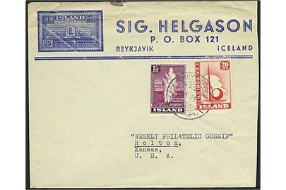 15 aur Geysir og 20 aur Verdensudstilling på brev fra Reykjavik d. 9.10.1939 til Holton, USA.