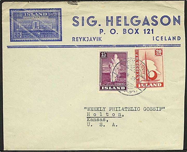 15 aur Geysir og 20 aur Verdensudstilling på brev fra Reykjavik d. 9.10.1939 til Holton, USA.