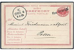 10 öre helsagsbrevkort fra Malmö annulleret med skibsstempel Fra Sverige og sidestemplet i København d. 9.8.1884 til Posen, Tyskland.