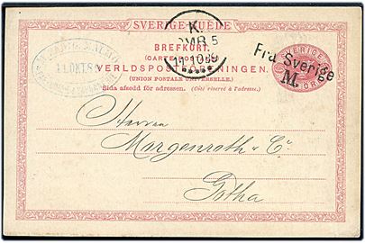 10 öre helsagsbrevkort fra Malmö annulleret med skibsstempel Fra Sverige M. og sidestemplet K. OMB. 5 d. 11.10.1889 til Gotha, Tyskland.