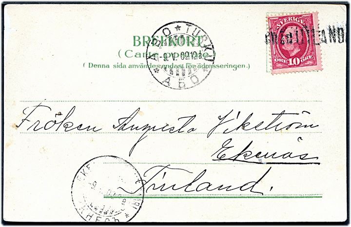 10 öre Oscar på brevkort fra Stockholm annulleret med finsk skibsstempel Från Utlandet og sidestemplet Åbo d. 9.5.1902 til Ekenäs, Finland.
