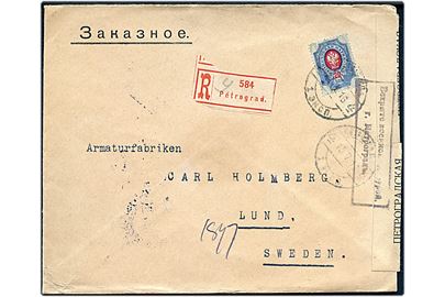 20 kop. Våben single på anbefalet brev fra Petrograd d. 15.7.1916 til Lund, Sverige. Åbnet af russisk censur.