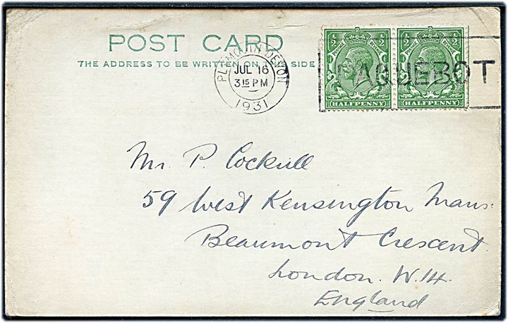 ½d George V i parstykke på brevkort annulleret med skibsstempel Plymouth Devon / Paquebot d. 16.7.1931 til London.