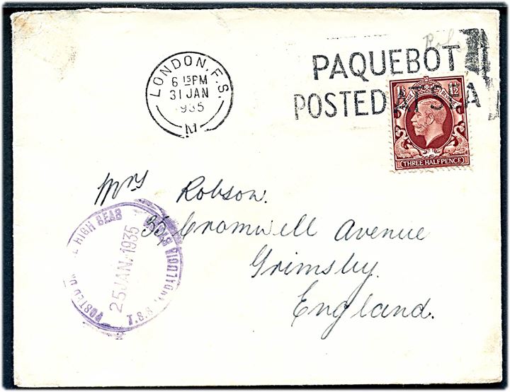 1½d George V på brev annulleret med skibsstempel London F.S. / Paquebot posted at sea d. 31.1.1935 og sidestemplet Posted on the high seas / T.S.S. Andalucia Star d. 25.1.1935 til Grimsby, England.