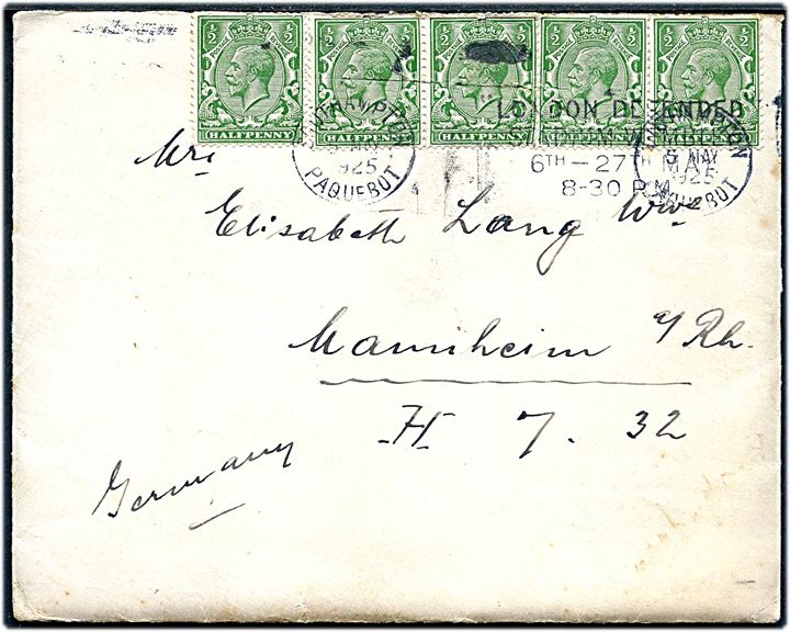 ½d George V (5) på brev med langt indhold annulleret med skibsstempel Southampton Paquebot / London defended Stadium Wembley 6th-27th May 8-30 P.M. d. 5.5.1925 til Mannheim. 