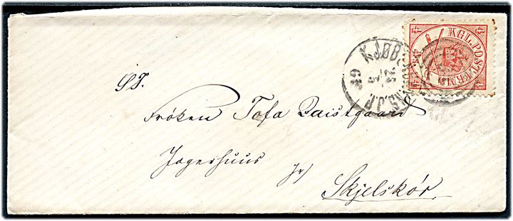 4 sk. Krone/Scepter på brev annulleret med kombineret nr.stempel 34/Kjøbenhavns J.P. d. 25.5.18xx til Jægerhuus pr. Skjelskör.
