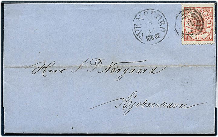 4 sk. Krone/Scepter på brev med langt indhold annulleret med nr.stempel 70 og sidestemplet antiqua Svendborg d. 18.10.1867 til Kjøbenhavn.
