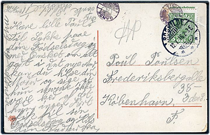 5 øre Chr. X på brevkort fra Roskilde d. 12.1.1916 til København. Aftryk af Dansk Børnepost stempel.