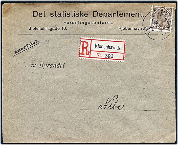 25 øre Chr. X single på anbefalet brev fra Det statistiske Departement i Kjøbenhavn d. 25.6.1918 til Nibe.