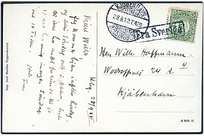 5 öre Gustaf på brevkort fra Helsingborg annulleret med skibsstempel Fra Sverige og sidestemplet bureau Kjøbenhavn - Helsingborg T.420 d. 28.9.1912 til København, Danmark.