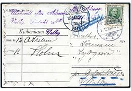 5 øre Fr. VIII på brevkort fra Ølstykke d. 1.12.1908 til Glostrup - forsøgt i Valby med stempel Ubekendt efter Adresse / Valby Distrikt No. og påsat forespørgsel etiket O.Pm.Form Nr. 19.